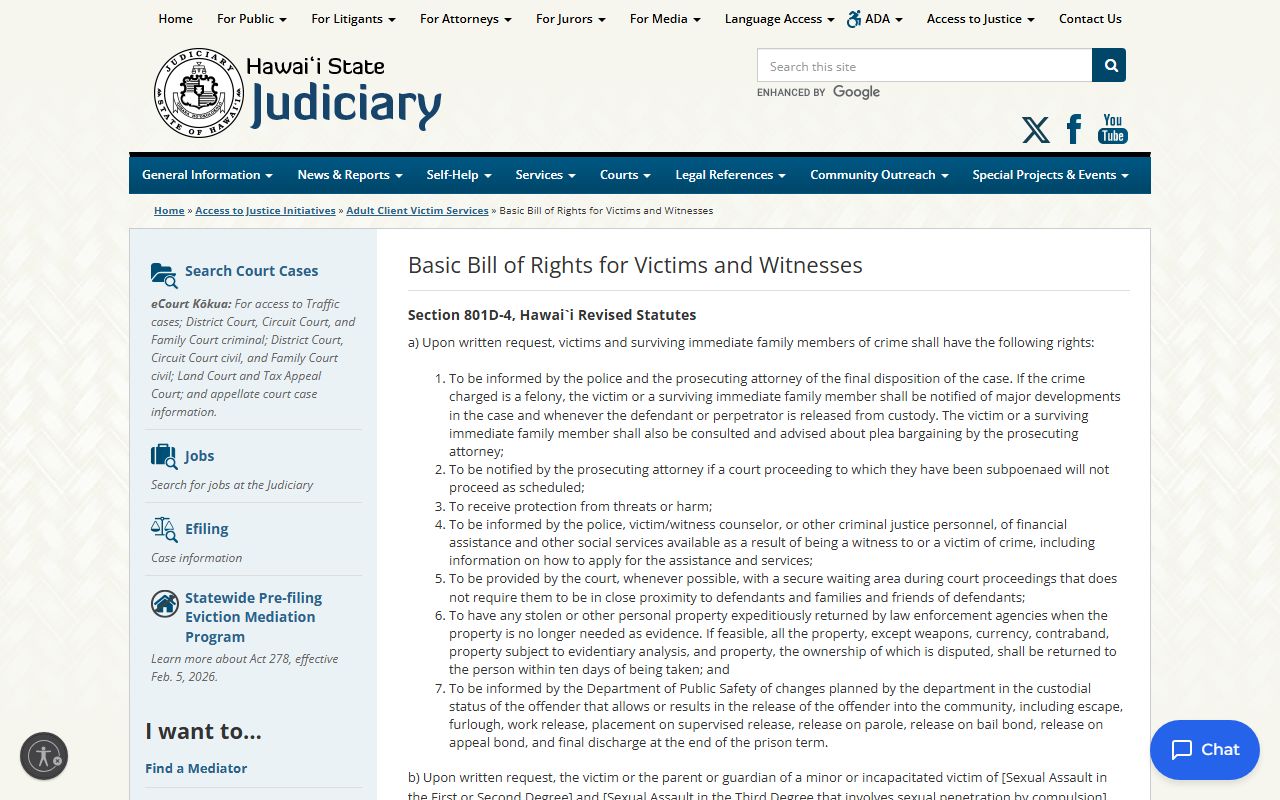 Honolulu County Circuit Court victims and witnesses rights page