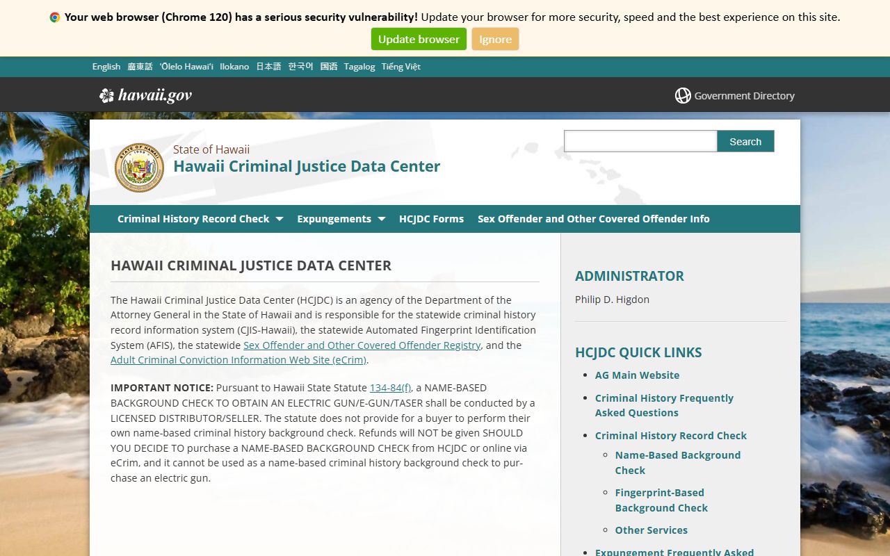 Honolulu County criminal records Hawaii Criminal Justice Data Center page