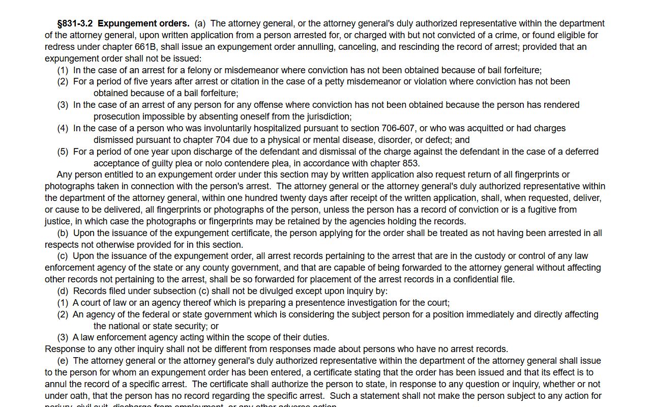 Honolulu County Environmental Court expungement statute