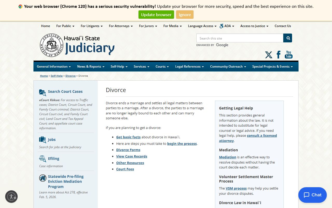Honolulu County Family Court divorce self-help page