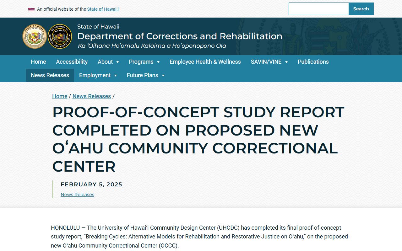 Honolulu County inmate population New OCCC proof of concept release