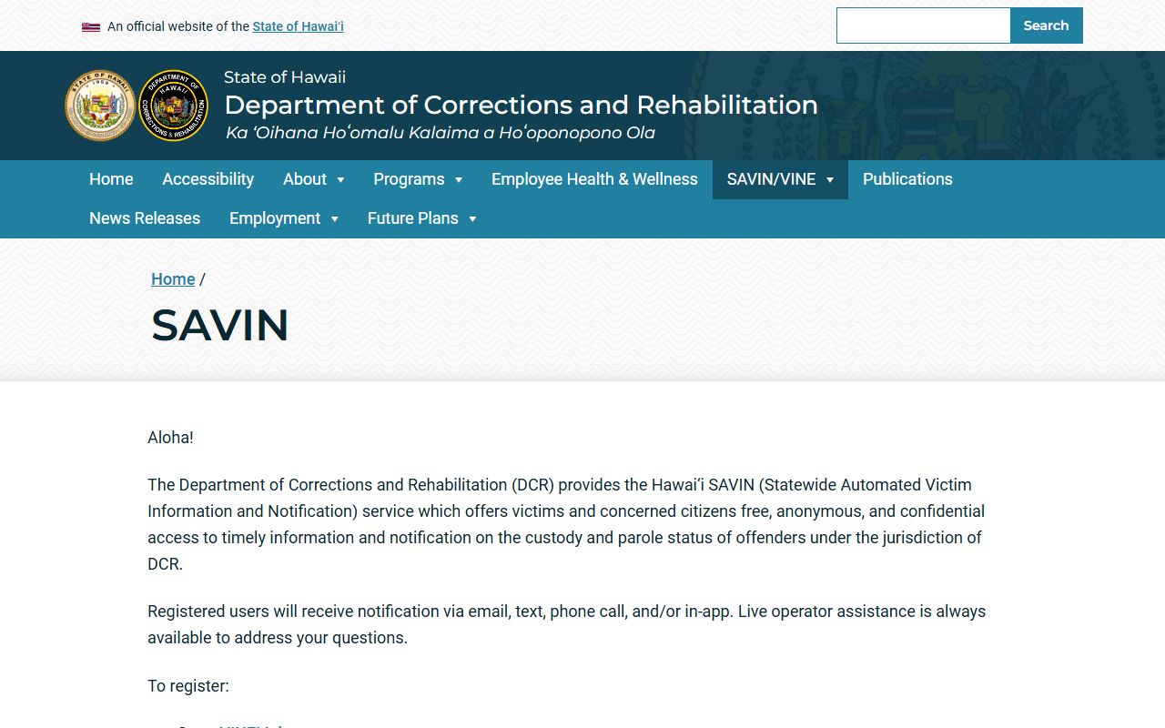 Honolulu County inmate search Hawaii SAVIN