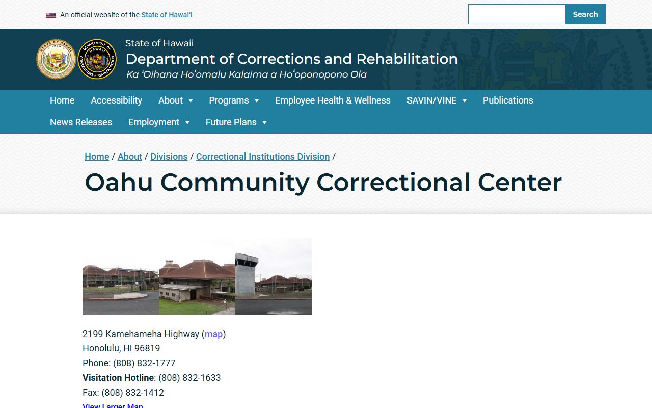 Honolulu County inmate search Oahu Community Correctional Center page