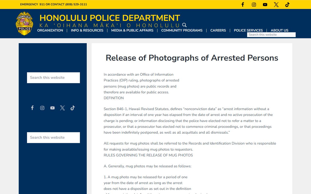 Honolulu County public records arrestee photograph policy
