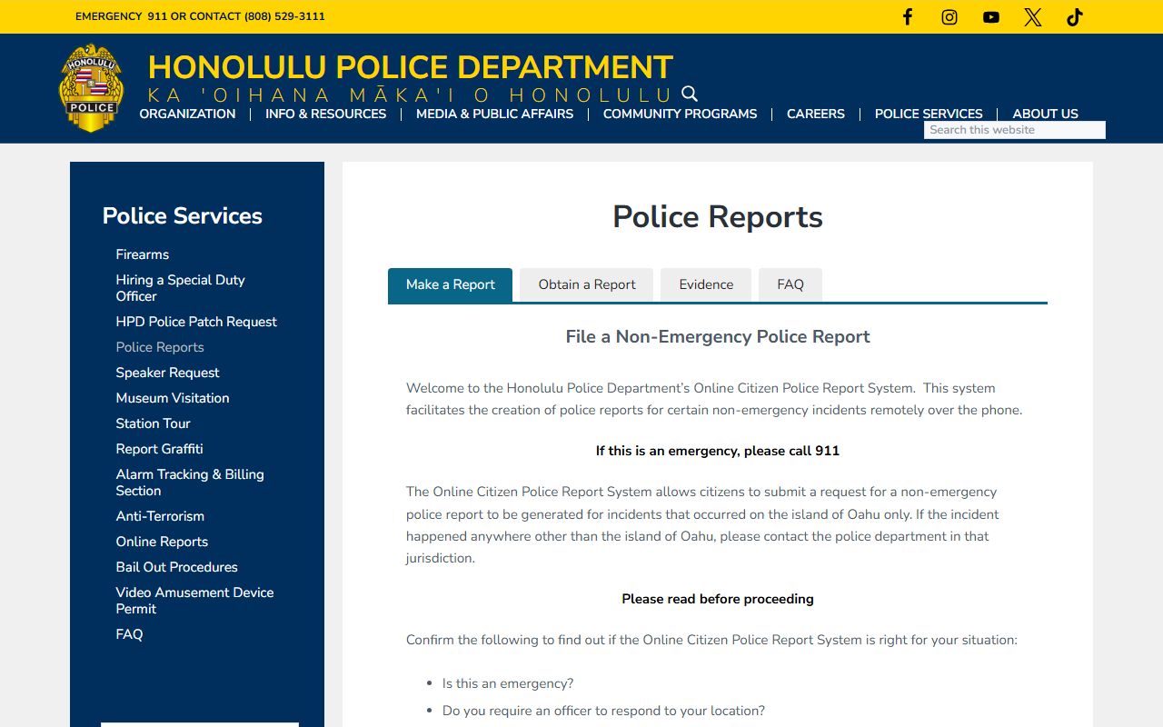 Honolulu County public records HPD police reports page