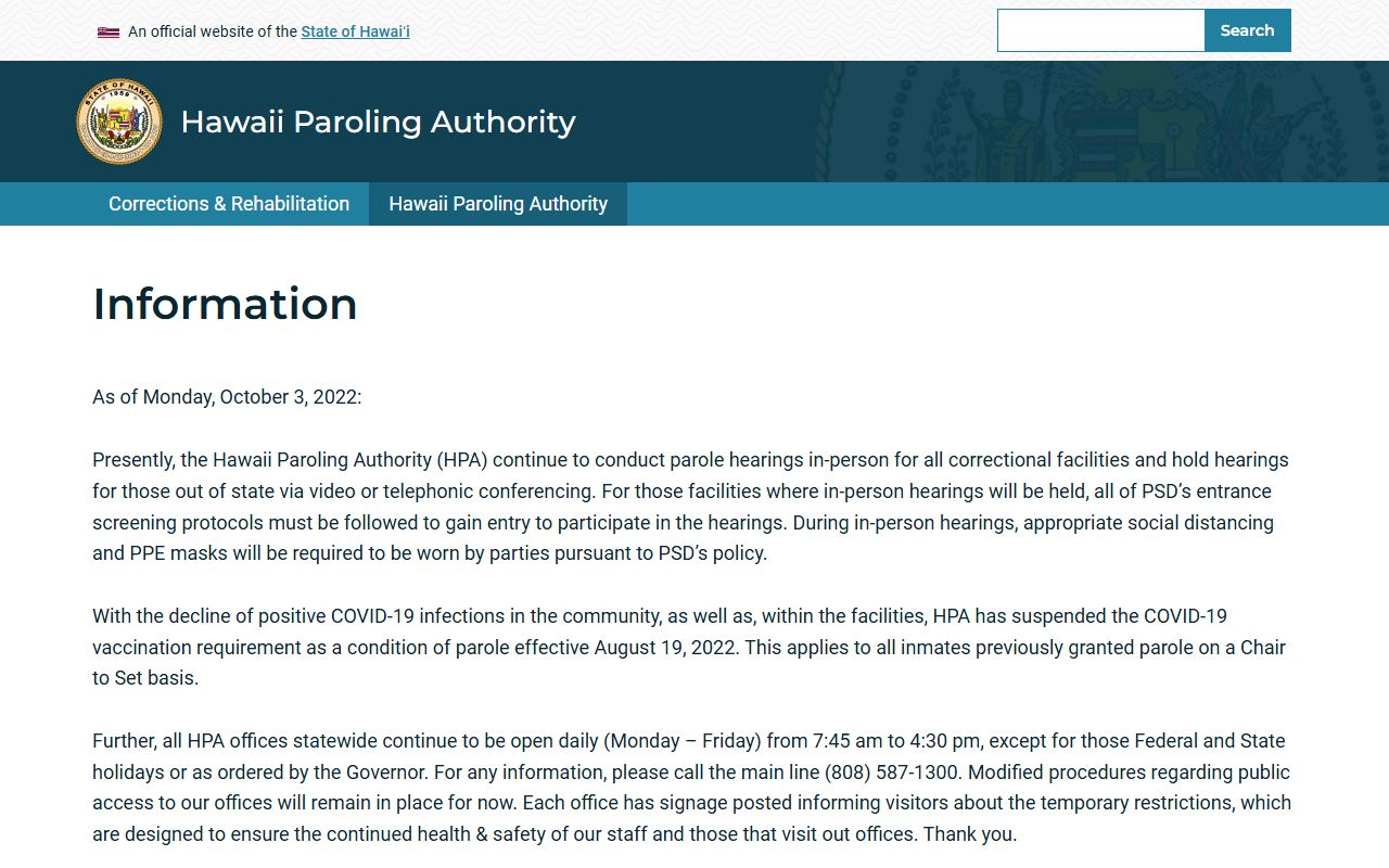 Honolulu County released inmates Hawaii Paroling Authority page
