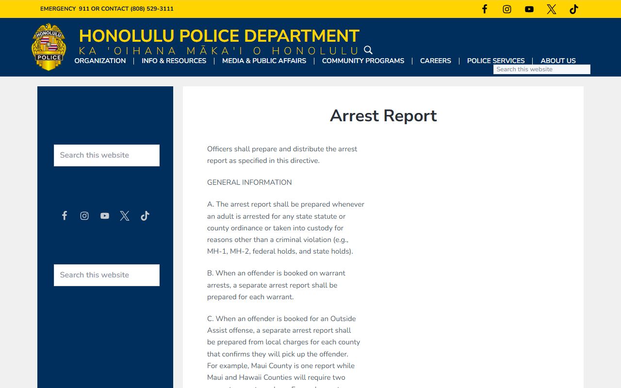 Honolulu County warrant search HPD arrest report policy