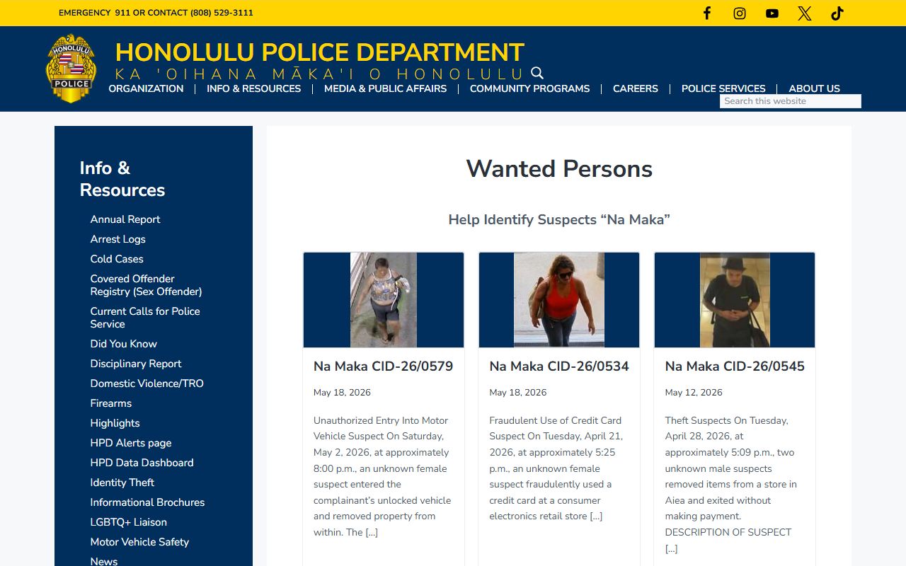 Honolulu County warrant search HPD wanted persons